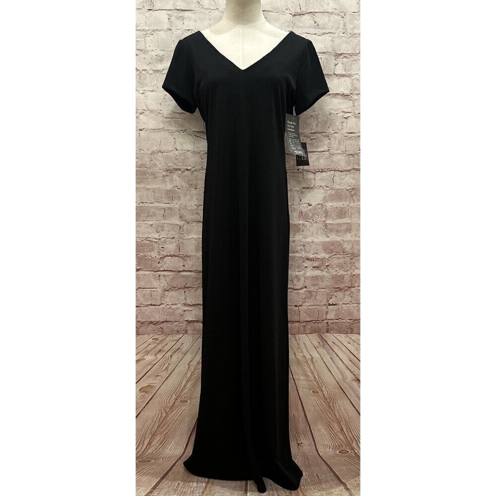 Vintage Teddi Evenings Womens Black Maxi Dress Short Sleeve Modest Size 8 NOS